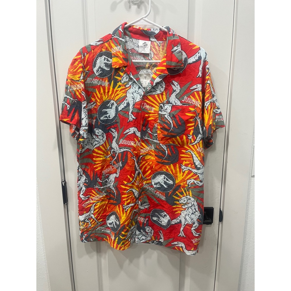 Jurassic Park‎ Dinosaur Aloha Shirt Mens Size L Red Hawaiian Button Up